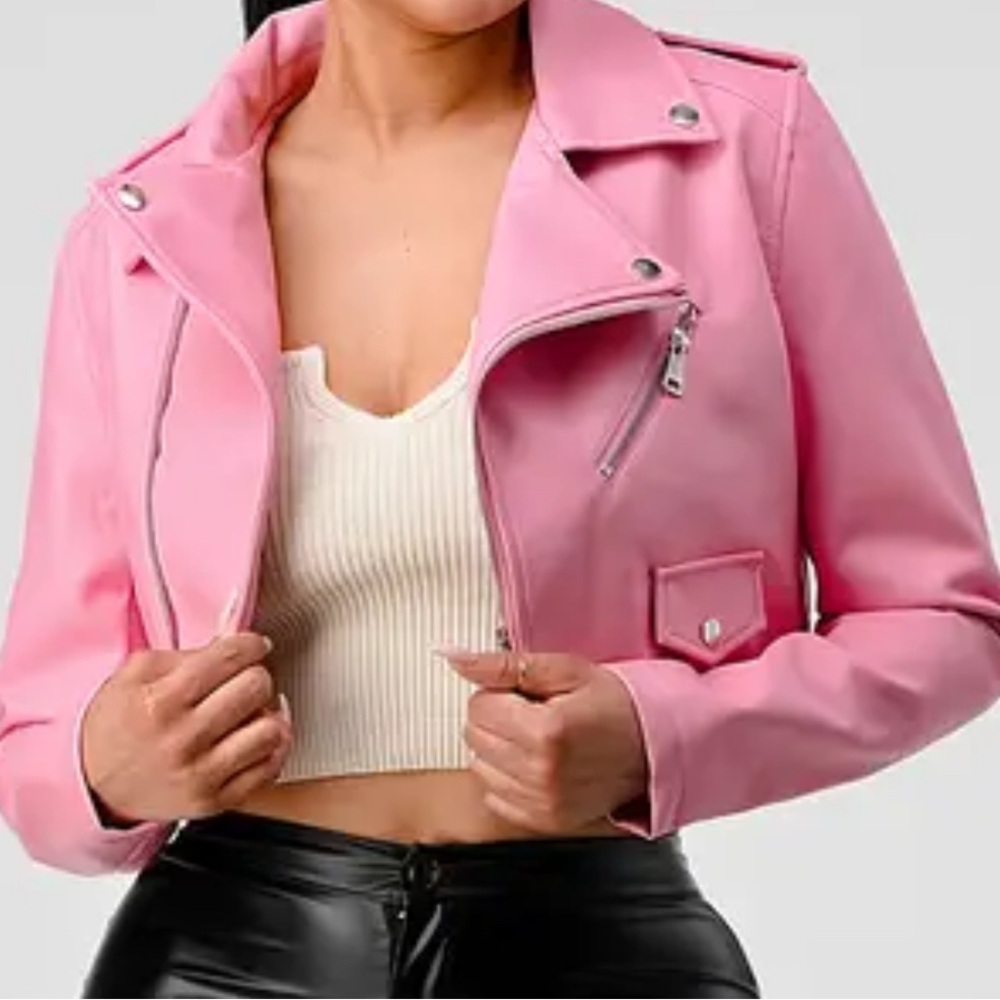 Daisy Pink Leather Moto Jacket